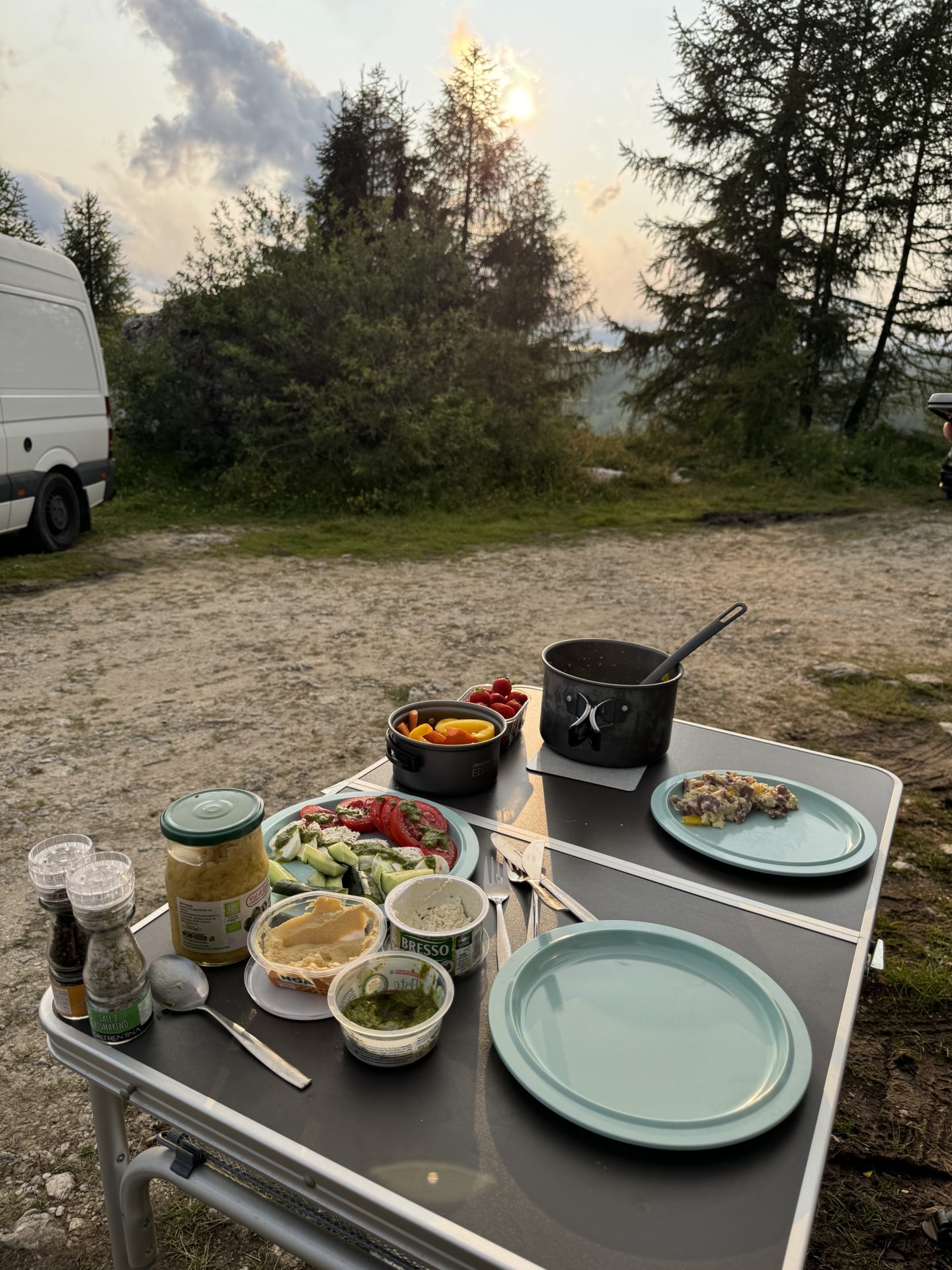 Food prepared in the Roadsurfer camper van in the Dolomites